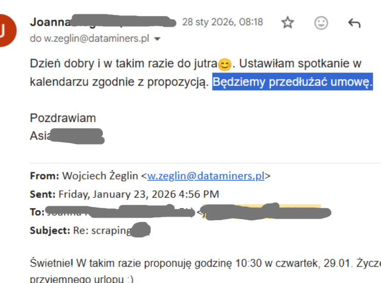 Fragment korespondencji z klientem