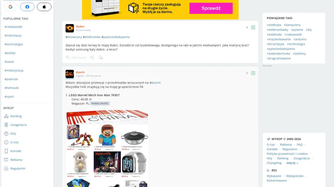 Wykop — forum dyskusji tematycznych, wątki z kategorii elektronika z pytaniami i rekomendacjami użytkowników