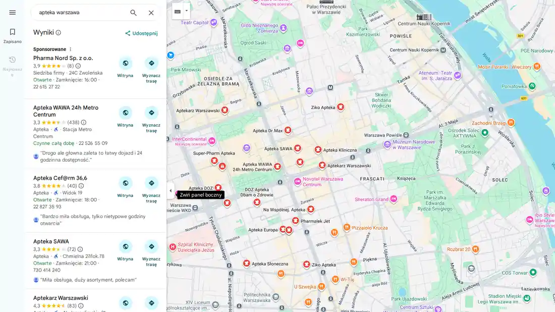Google Maps — widok wyników z ratingami businessów, liczbą recenzji i snippetami opinii klientów