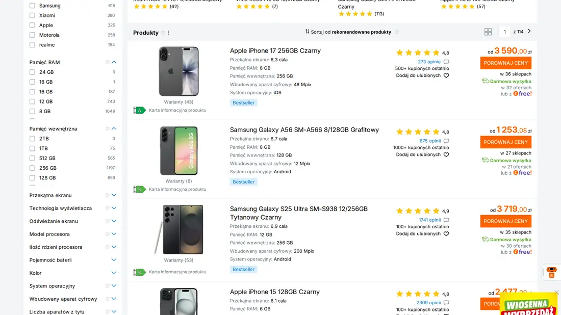 Przykład monitoringu opinii produktowych na marketplace — kategoria smartfonów z ocenami i liczbą recenzji per produkt