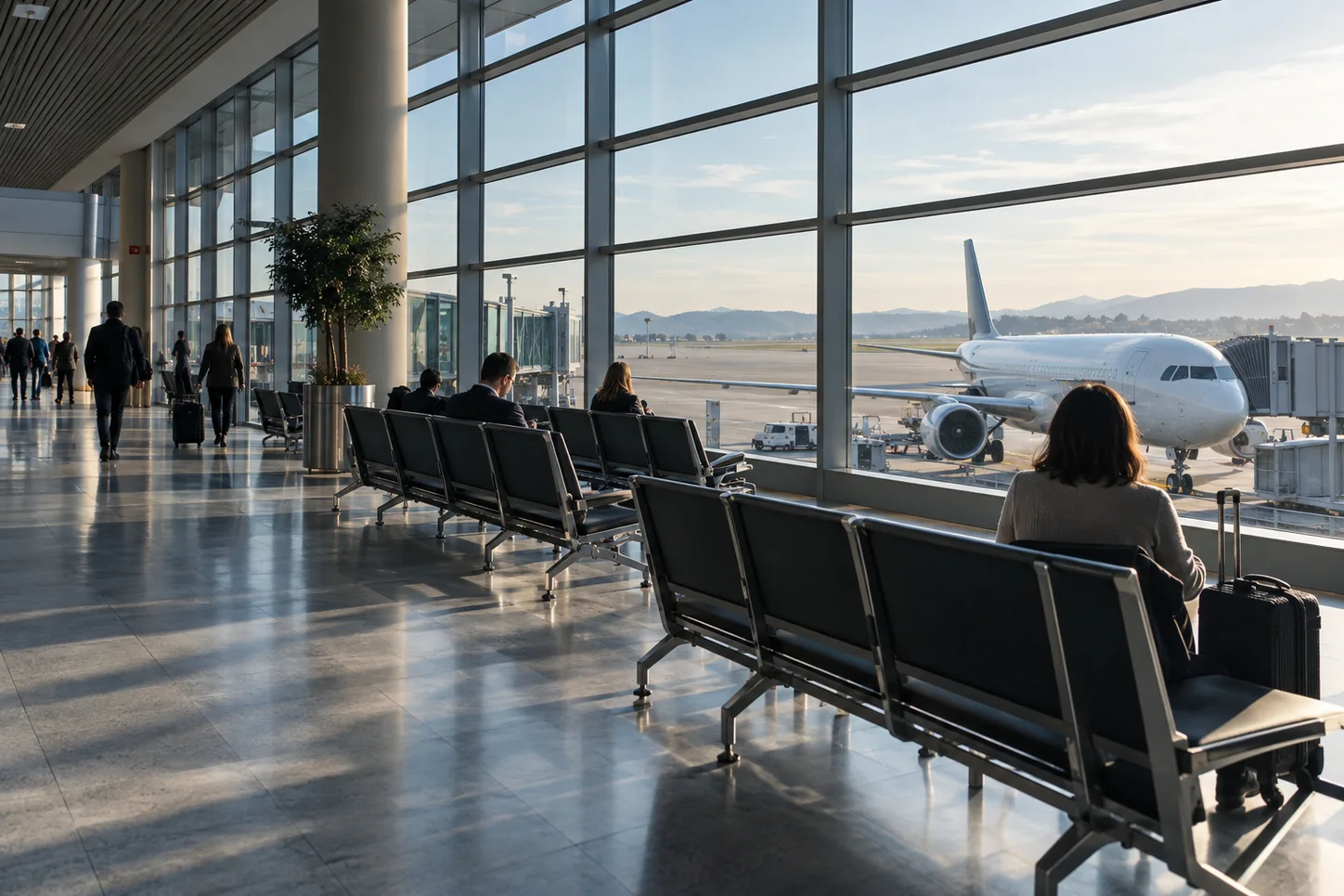 Przeszklony terminal lotniska z miejscami oczekiwania i samolotem za oknem