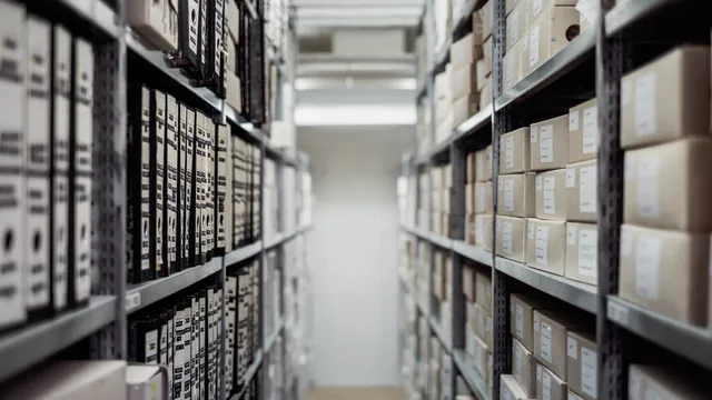 Regały archiwum z opisanymi pudłami i segregatorami ustawionymi w równych rzędach